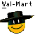 Pixelated static icon featuring a yellow smiley face wearing a black cowboy hat with green accents, positioned below the text "Wal-Mart" on a gray background.