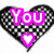 Four heart-shaped icons with black and white checkered patterns, each containing pink text and a small pink heart below the text.