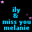 Blue text 'ily & miss you melanie' repeated in a with pink and purple stars on black background, animated star movement