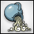 Pixelated icon of a blue jellyfish with translucent bell and checkered tentacles against light gray background.