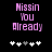 Pixelated pink text "Nissin You Already" on black background with white and gray heart symbols below, two variations of symbol arrangement.