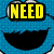 Blue character with large black mouth and yellow 'NEED' text above, brown cookie with chocolate chips on pink background, red 'NOW!' text below.