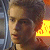 Pixelated static image of a person's face with fiery orange-yellow glow on the right side, set against dark background with vertical blue-gray stripe on left.