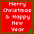 Red square with green border displays 'Merry Christmas & Happy New Year' text and small green tree icon in bottom-right corner.