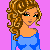 Pixelated cartoon woman with curly brown hair in blue dress, displayed across multiple background colors and text