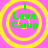 Four identical circular icons with yellow concentric rings on a pink background, each displaying green text "I Love Camp" in pixelated font.