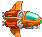 Pixel art spaceship with orange body, cyan cockpit, and silver thrusters in three of each