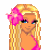 Pixel art contact sheet of a beach-themed animated icon featuring a blonde woman in pink bikini with flower accessory, full-body view, and legs-only close-up across sampled frames.