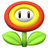 Pixelated flower icon with red outer ring, yellow middle ring, white center containing two black vertical eyes and gray mouth-like shape.