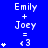 Blue background displays repeated text 'Emily + Joey = <3' with varying star counts above and below the equation, arranged in a pattern with a gray rectangle in the bottom-right corner