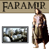 repeated 'FARAMIR' text banners above a figure in medieval armor holding a sword, with four small inset images showing armored soldiers in formation