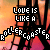 Pixelated text and shapes repeat in a pattern with orange, pink, black, and blue colors