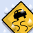 Yellow diamond-shaped road sign with black car and winding line, surrounded by white cloud-like shapes on light blue background.