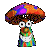 A mushroom-shaped character with a rainbow-colored cap and stem displays multiple facial expressions while holding an orange object.