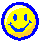 Six pixelated yellow smiley face icons with blue outlines and facial features arranged in a 3x2 contact sheet grid, each showing slight variations in expression across frames.