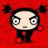Pixelated character with large eyes and black hair in two buns against red background, next to black with white text