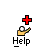 Pixelated icon with red cross above yellow watering can pouring water, below black-and-white 'Help' text on gray background.