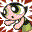 Pixelated cartoon character with large green eyes, black hair in pigtails, and a green outfit appears multiple times on a white background with scattered red and orange pixels.