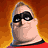 Four animated frames of The Incredibles characters in a 2x2 contact sheet with orange and red backgrounds, each character wearing black masks and superhero costumes.