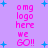 Pixelated text and blue stars on a purple background with repeated 'omg logo here we GO!!' phrases.