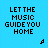 pixelated text variations on a blue background, displaying 'LET THE MUSIC GUIDE YOU HOME' with partial letter changes and musical note symbols