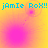 A four-quadrant displays a repeating pattern of pink circular blurs on a yellow-orange gradient background with cyan text reading '¡Amie RoX!!' at top and bottom