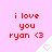 Pixelated red text on pink background reads 'i love you ryan <3' with white triangular shapes containing pink hearts.
