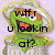 Green cartoon character with orange eyebrows and red mouth in a white hat, displayed across six with changing text overlays