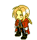 Pixel art character in red coat with blonde hair and white streaks, shown in multiple poses including standing, gesturing, casting spells with yellow energy effects.