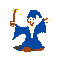 Pixelated wizard avatar in blue robe and hat with white beard, brown shoes, holding yellow-tipped staff, performing various magical poses against gray background.