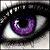 A close-up of a stylized eye with a purple iris, black pupil, and white sclera, set against a dark background with light reflections.
