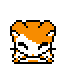 Pixel art hamster with orange and white fur in multiple poses including waving, smiling, and closed eyes on gray background.