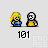 Pixel art animation of two characters: a blonde figure in blue top and yellow pants, and a white skull-like figure with black eyes. The figures interact across showing movement