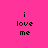Pixelated text 'i love me' on bright pink background with cyan rectangular overlays shifting across different lines.