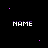 Pixelated of repeating 'NAME' text and geometric symbols in pink, blue, and white on black background with gray bottom-right corner