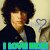 Four pixelated portrait with text overlays: top-left shows a person in dark clothing against light background, top-right has orange headwear and blue heart outline, bottom-left displays red text over curly hair, bottom-right is grayscale with blue text