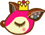 Pixelated cartoon fox head with pink hair, brown ears, yellow crown, and closed eyes in first frame transitioning to open eyes in second frame on gray background.
