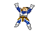 Pixel art character in blue and white outfit with brown shoulder armor, shown in multiple poses including raised arms, crouching, and firing blue energy blast against gray background.