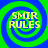 Four identical pixelated spiral patterns with green and blue rings, each containing yellow text reading "SMIR RULES" in a blocky font.