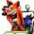 Animated orange bandicoot with blue pants and white gloves, smiling widely while holding a silver ring on a green platform against a white background.