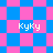 Pixelated icon with pink and blue checkered background, four instances of 'KyKy' text in white pixel font, and diamond-shaped pattern overlay.