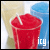 A 50x50 pixel animated buddy icon showing a red drink cup with liquid dripping, displayed in two sequential frames on a contact sheet background.