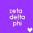 Purple background with white text 'zeta delta phi' in four quadrants and three pixelated hearts in different positions.