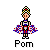 Pixelated cheerleader icon with red, white, and blue pom-poms; yellow-and-black striped headband; dark shorts; standing pose on gray background.
