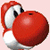 Pixelated red and white character with large eyes, rounded body, and a small dark spot on its head against light pink background.