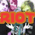 Animated icon featuring 'RIOT' text, a cartoon character with white wings, and three people in casual clothing against teal background.