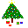 Pixelated green Christmas tree with yellow star, red and blue ornaments, brown trunk, and three gift boxes below on gray background.