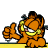 Pixelated orange cartoon cat with black stripes giving a thumbs-up gesture, yellow eyes, white teeth, and pink nose on gray background.