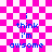 Pixelated text on a pink and white checkered background with two identical phrases, one of which has a faint outline effect.