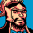 Pixelated 48x48 static buddy icon featuring a stylized character with dark hair, glasses, and beard against solid blue background.